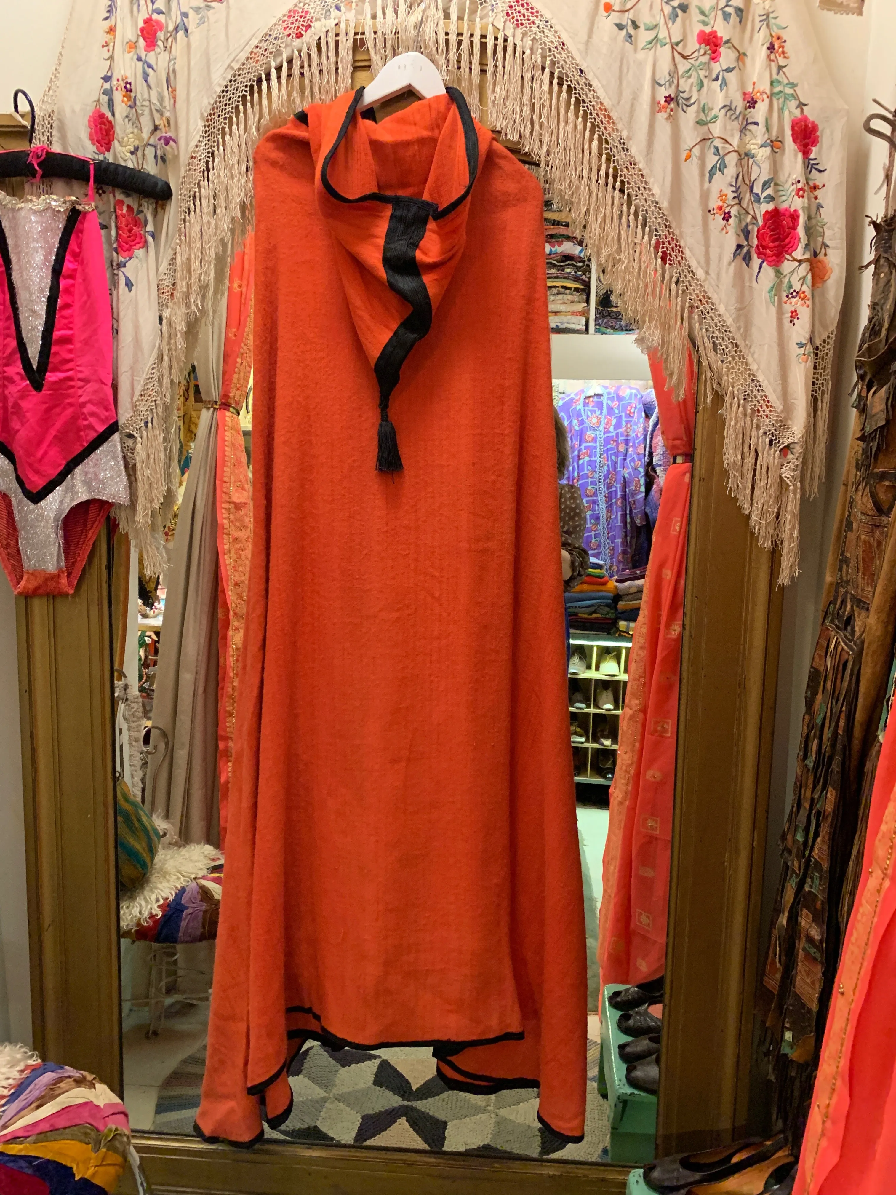 1970's-80's Moroccan Wool Woven Hooded Cape with Black Cord Trim
