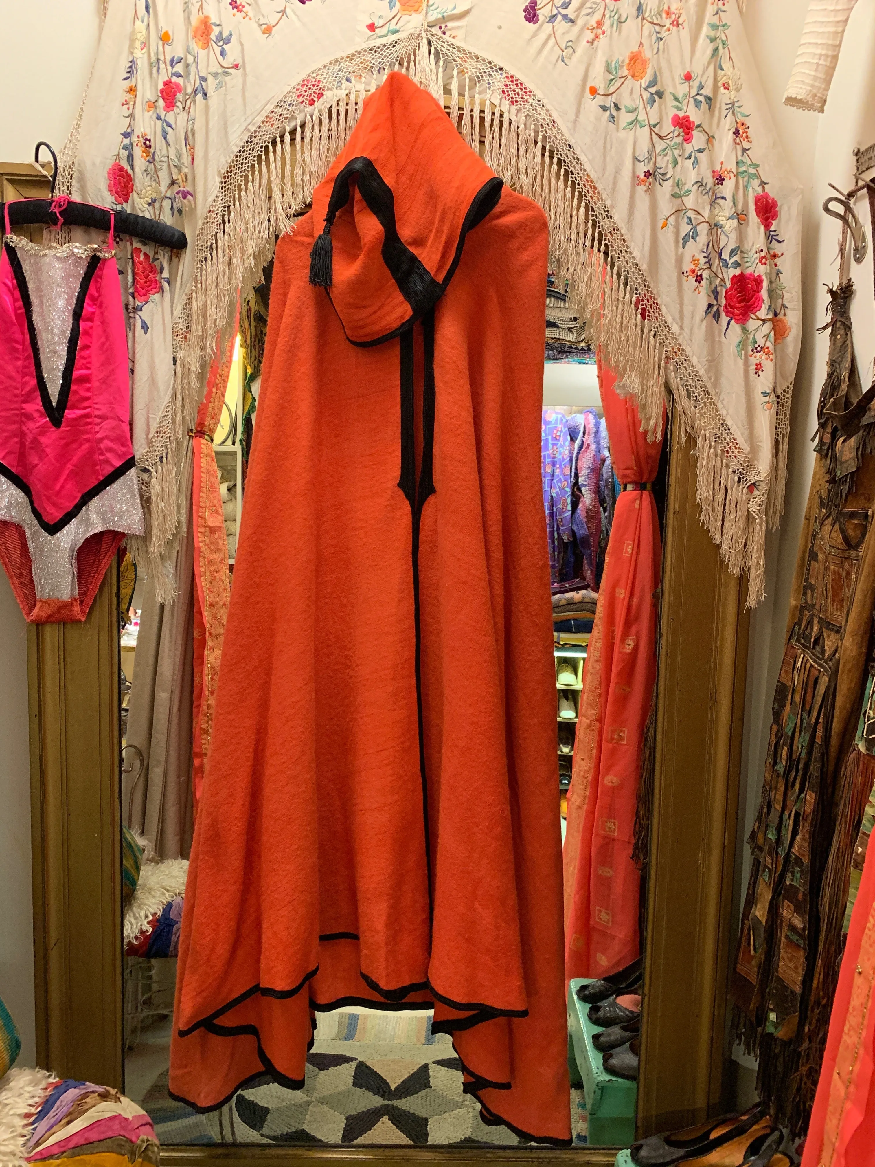 1970's-80's Moroccan Wool Woven Hooded Cape with Black Cord Trim