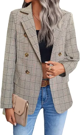 2025 Fall Women's Plaid Houndstooth Blazer Jacket Button Notch-Lapel Business Casual Elegant Work Suit with Pockets