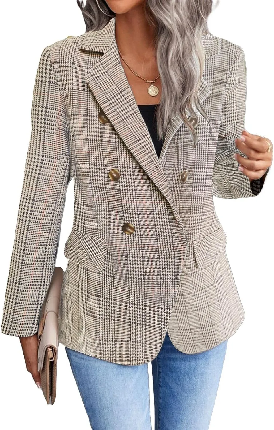 2025 Fall Women's Plaid Houndstooth Blazer Jacket Button Notch-Lapel Business Casual Elegant Work Suit with Pockets