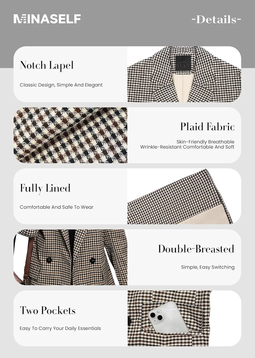 2025 Fall Women's Plaid Houndstooth Blazer Jacket Button Notch-Lapel Business Casual Elegant Work Suit with Pockets