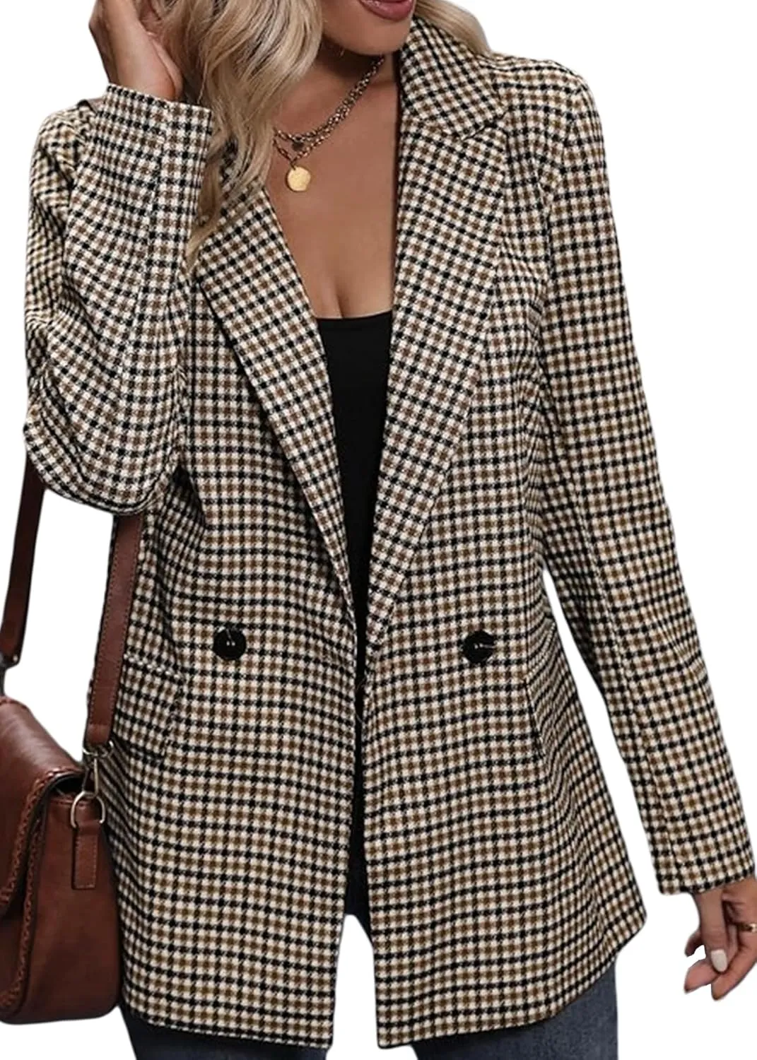2025 Fall Women's Plaid Houndstooth Blazer Jacket Button Notch-Lapel Business Casual Elegant Work Suit with Pockets