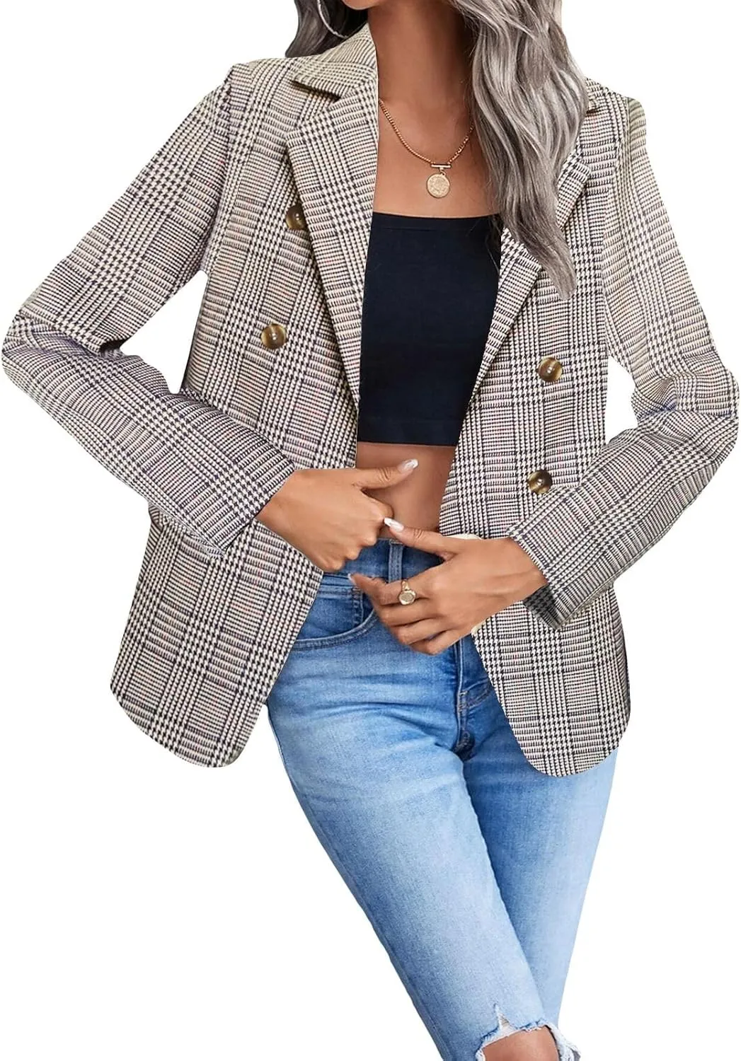 2025 Fall Women's Plaid Houndstooth Blazer Jacket Button Notch-Lapel Business Casual Elegant Work Suit with Pockets