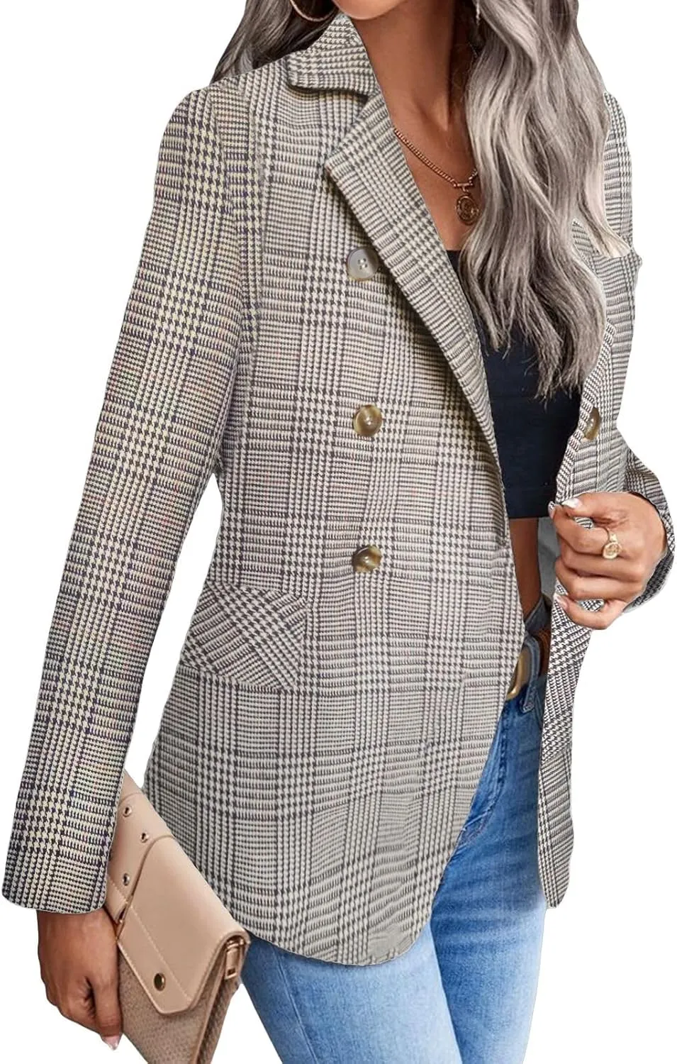 2025 Fall Women's Plaid Houndstooth Blazer Jacket Button Notch-Lapel Business Casual Elegant Work Suit with Pockets