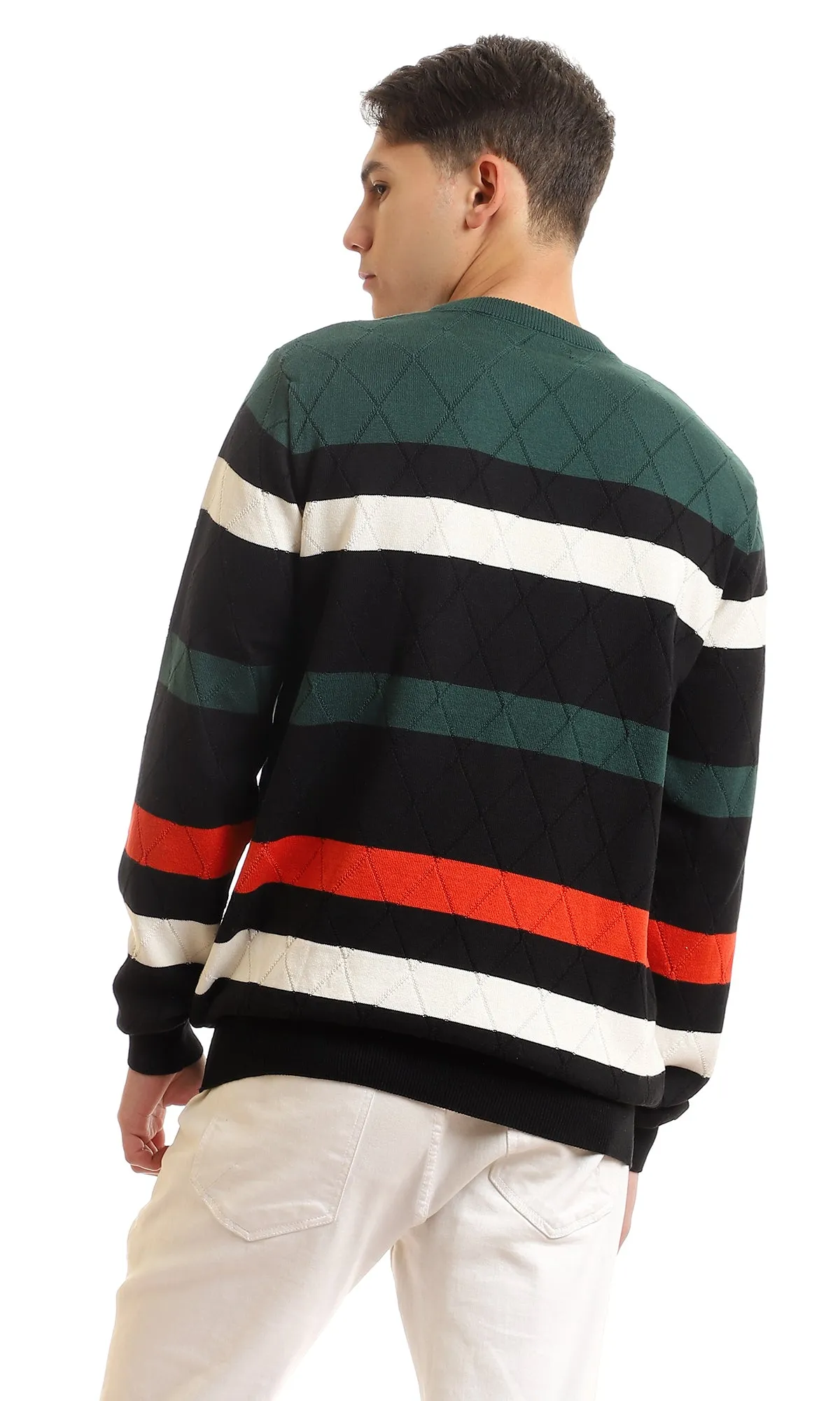 96950 Striped Elastic Hem Slip On Pullover - Black, Olive, White & Red