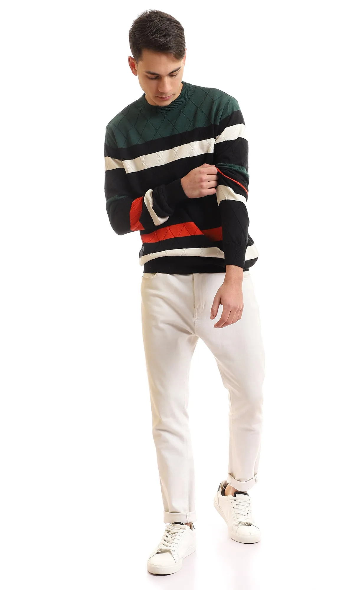 96950 Striped Elastic Hem Slip On Pullover - Black, Olive, White & Red