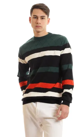 96950 Striped Elastic Hem Slip On Pullover - Black, Olive, White & Red
