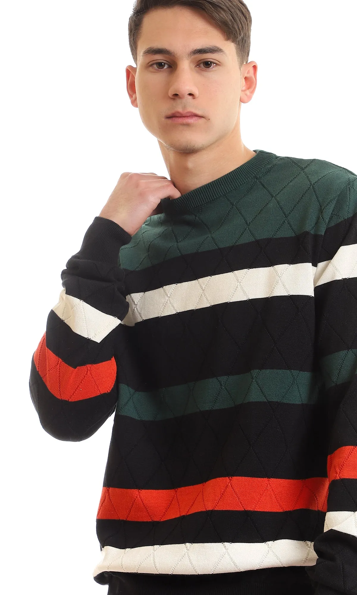 96950 Striped Elastic Hem Slip On Pullover - Black, Olive, White & Red