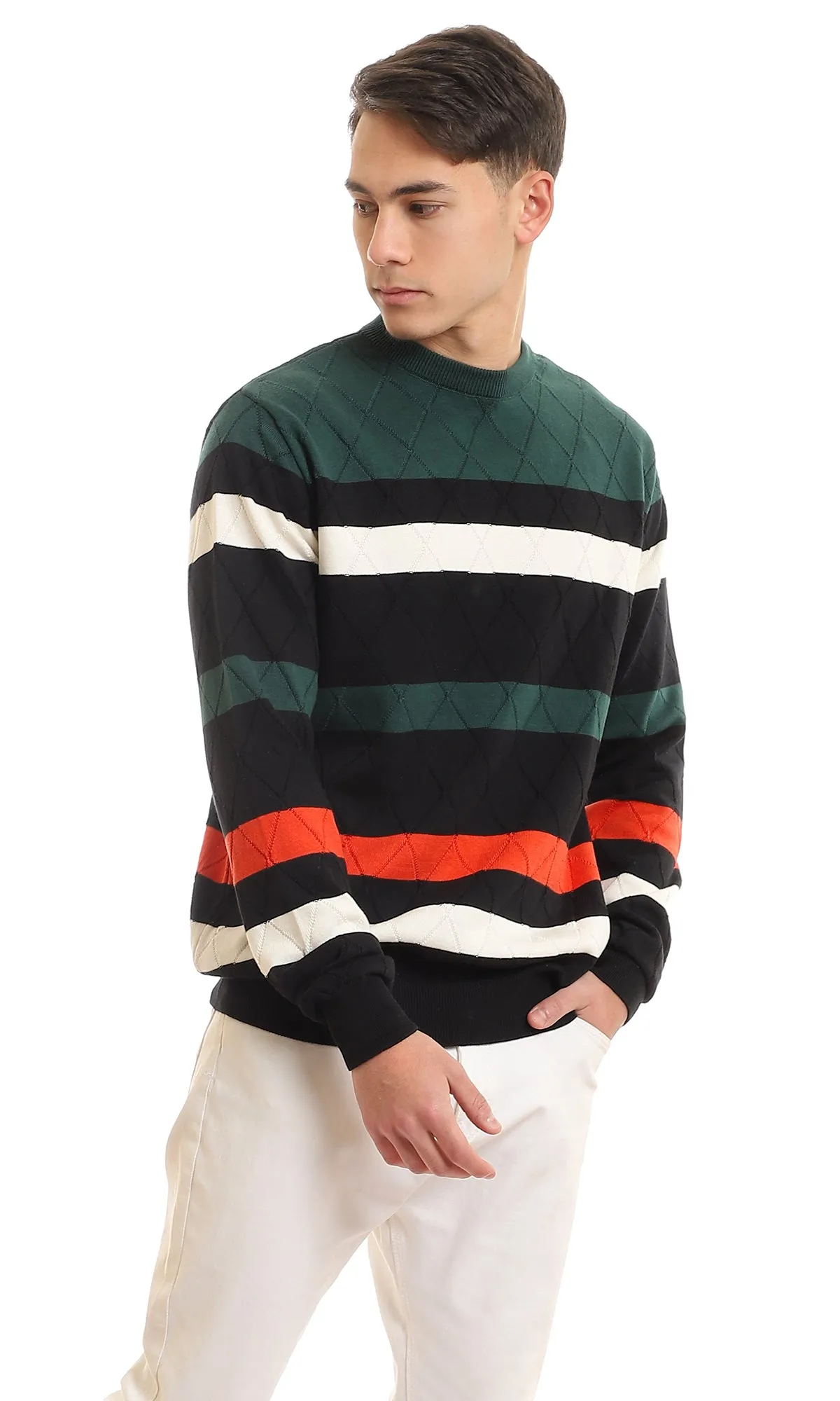 96950 Striped Elastic Hem Slip On Pullover - Black, Olive, White & Red