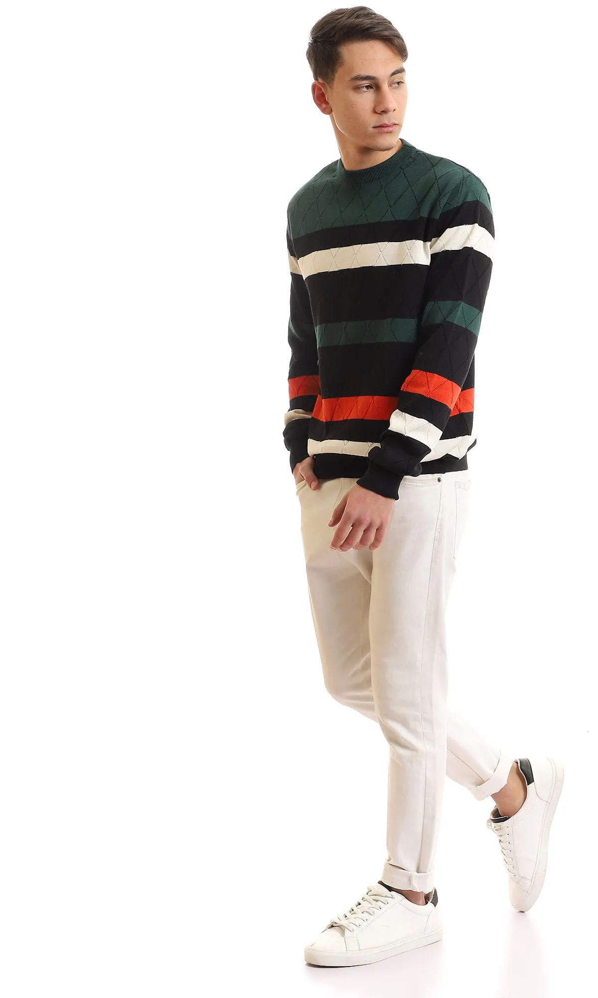 96950 Striped Elastic Hem Slip On Pullover - Black, Olive, White & Red