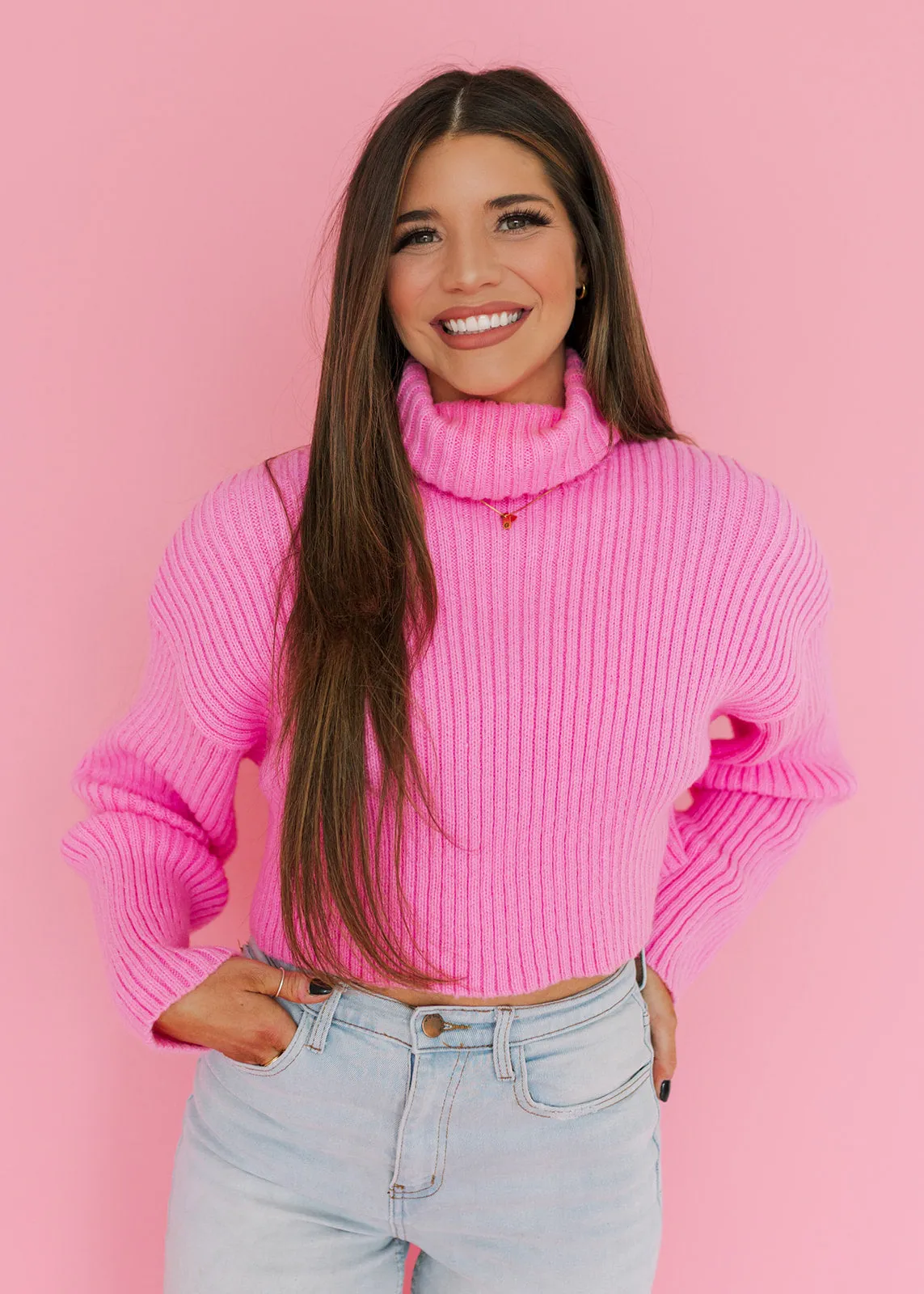 Barbie Pink Turtleneck Cropped Sweater