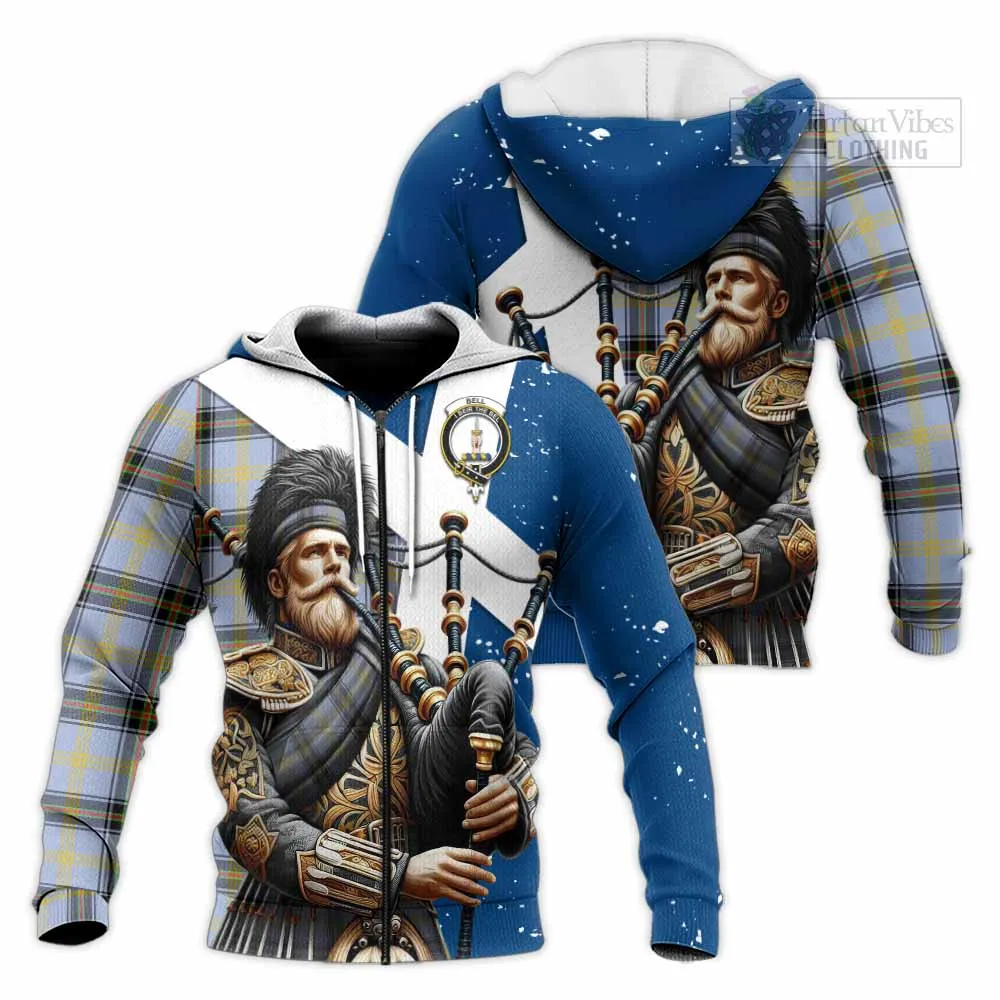 Bell Tartan Knitted Hoodie with Family Crest Scottish Bagpiper Vibes