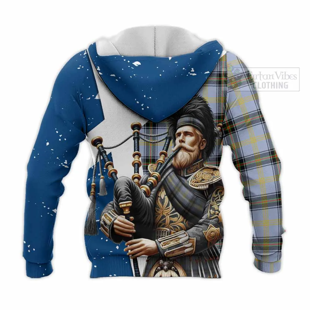Bell Tartan Knitted Hoodie with Family Crest Scottish Bagpiper Vibes