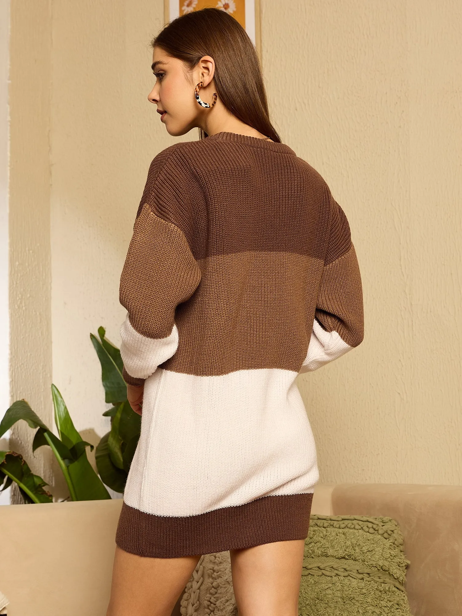 Berrylush Women Brown Colourblocked Round Neck Full Sleeve Longline Pullover