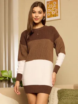 Berrylush Women Brown Colourblocked Round Neck Full Sleeve Longline Pullover