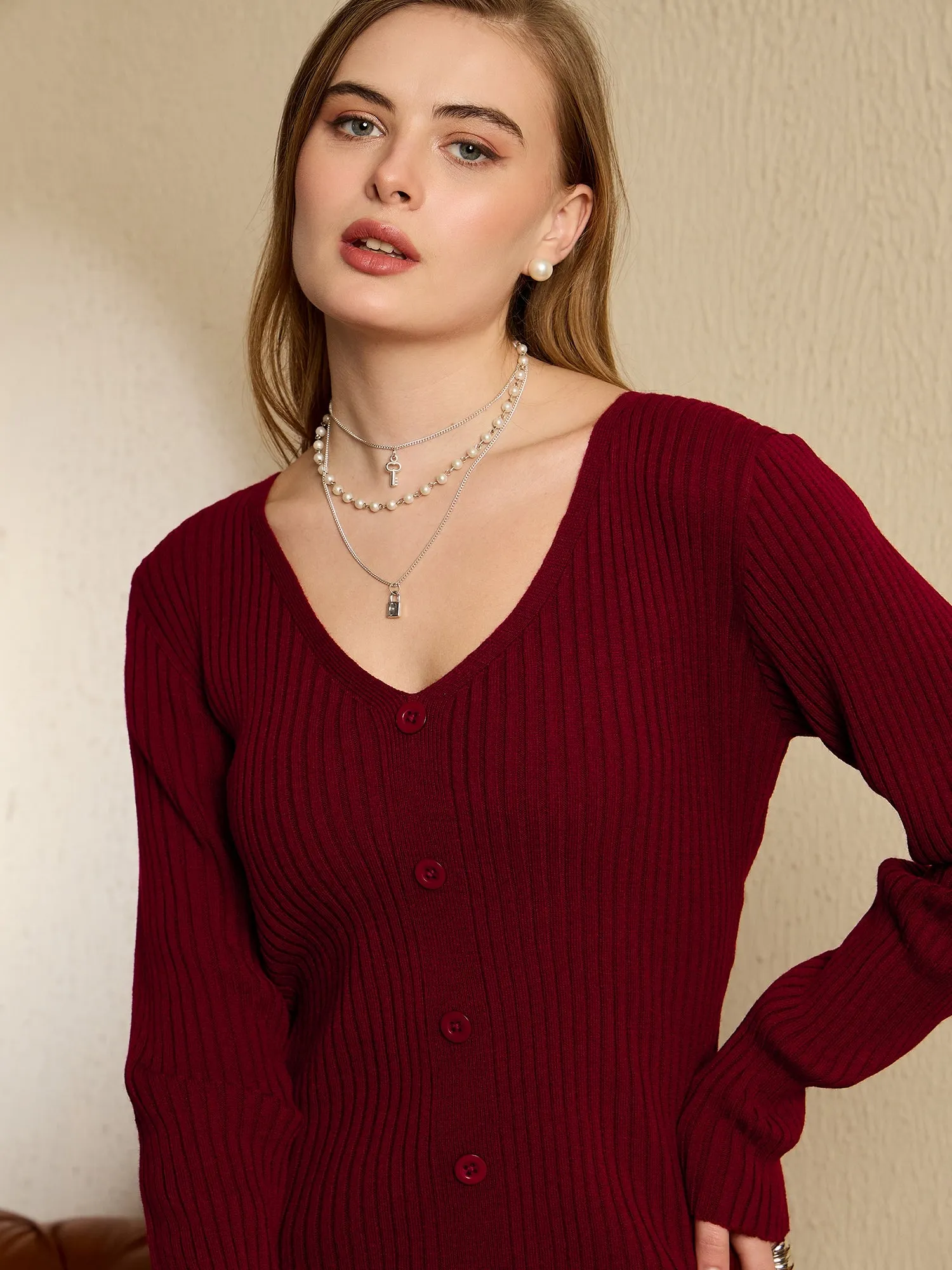 Berrylush Women Red Solid V-Neck Full Sleeve Knitted Acrylic Long Sweater