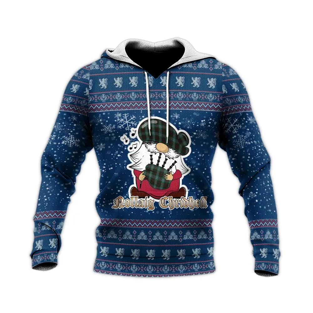 Brodie Hunting Clan Christmas Knitted Hoodie with Funny Gnome Playing Bagpipes