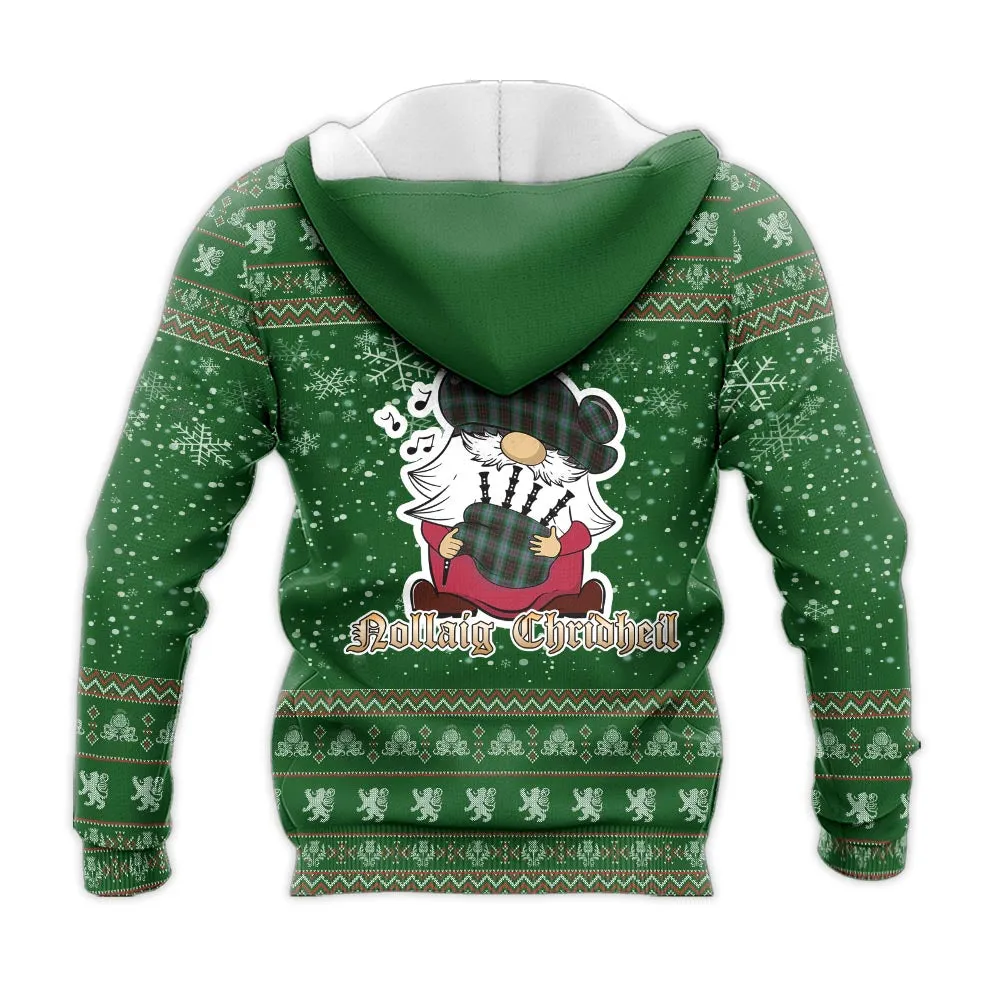 Brodie Hunting Clan Christmas Knitted Hoodie with Funny Gnome Playing Bagpipes