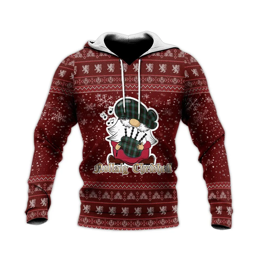 Brodie Hunting Clan Christmas Knitted Hoodie with Funny Gnome Playing Bagpipes
