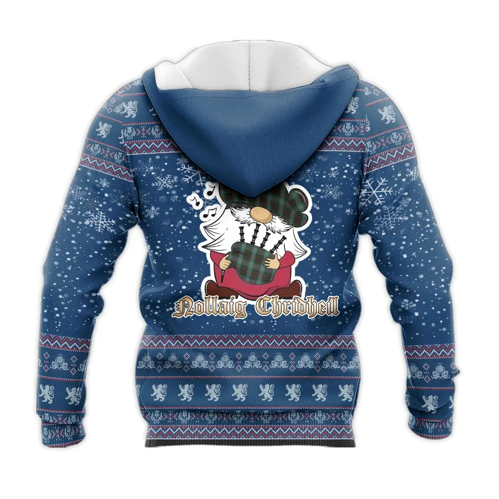 Brodie Hunting Clan Christmas Knitted Hoodie with Funny Gnome Playing Bagpipes