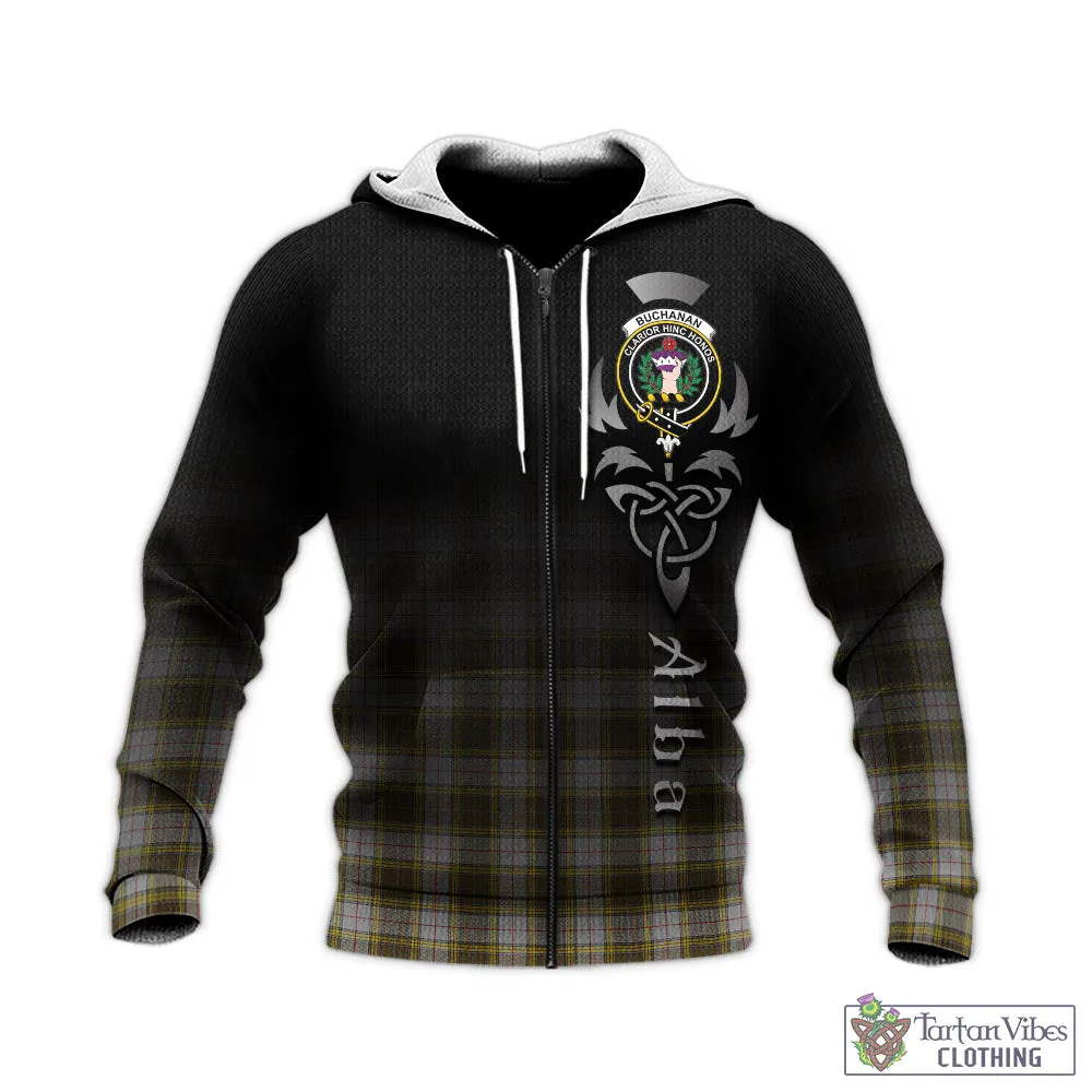 Buchanan Dress Tartan Knitted Hoodie Featuring Alba Gu Brath Family Crest Celtic Inspired