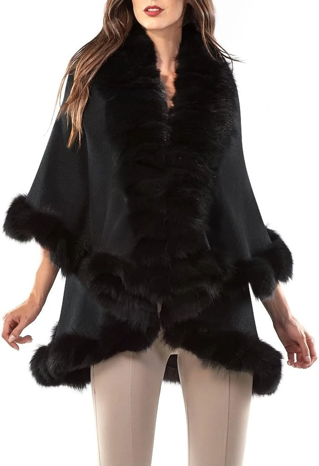 Cape-Faux Fur-Fur-ruana-coat-blanket-Caplet-Wrap-Shrug-Sweater-Poncho-dress shawl (Wool blend cape with faux fur trim - Black)