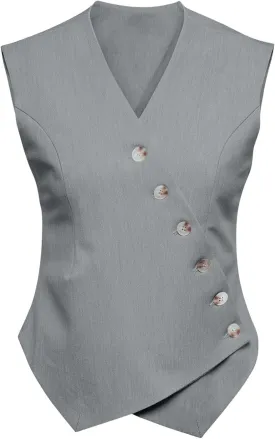 Cicy Bell Womens Waistcoat Vest Sleeveless Blazers V Neck Button Up Asymmetrical Hem Work Office Suit Vests