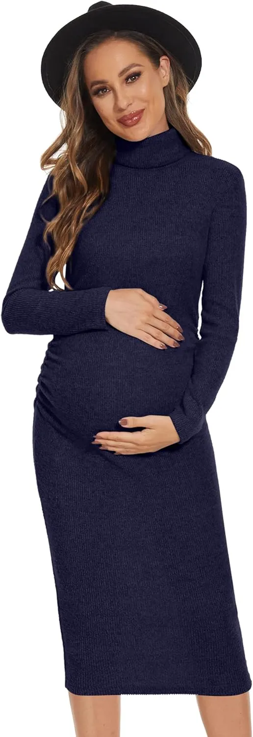 Classic-Fit Ribbed Knit Turtleneck Maternity Dress/Side Ruched Bodycon Dress Daily Fall
