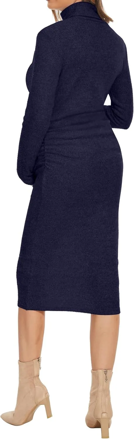 Classic-Fit Ribbed Knit Turtleneck Maternity Dress/Side Ruched Bodycon Dress Daily Fall