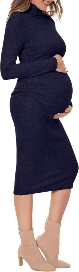 Classic-Fit Ribbed Knit Turtleneck Maternity Dress/Side Ruched Bodycon Dress Daily Fall