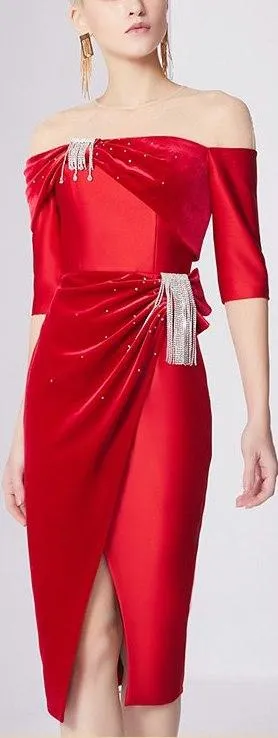 Crystal-Embellished Off-the-Shoulder Evening Dress