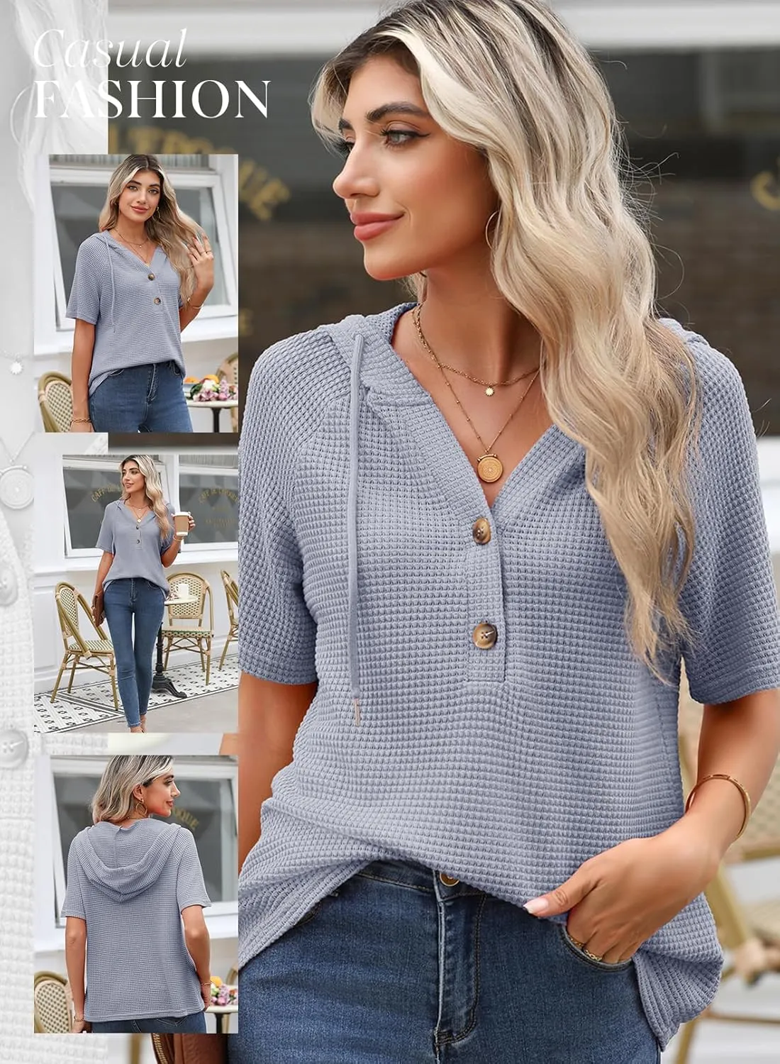 Dokotoo Womens Summer Tops Waffle Knit Short Sleeve Lightweight Drawstring Hoodies Button V Neck Casual Blouses Shirts