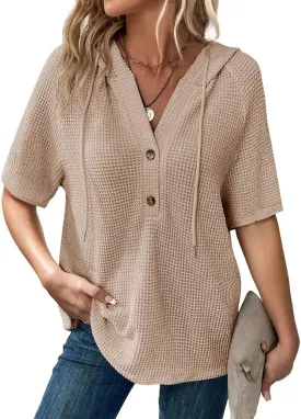 Dokotoo Womens Summer Tops Waffle Knit Short Sleeve Lightweight Drawstring Hoodies Button V Neck Casual Blouses Shirts