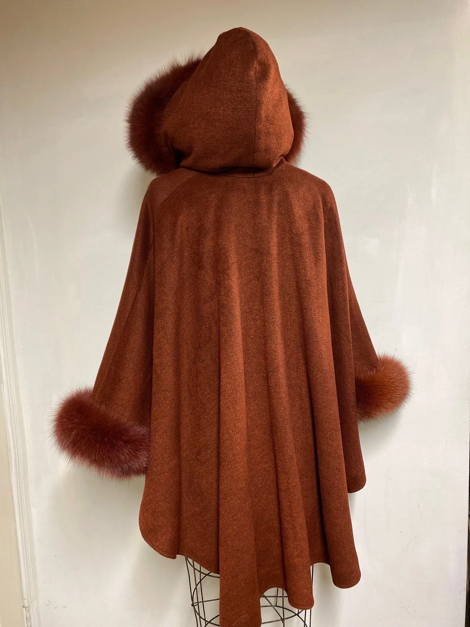 Ella Hooded Cape - Cashmere & Wool Blend - Genuine Fox Trim