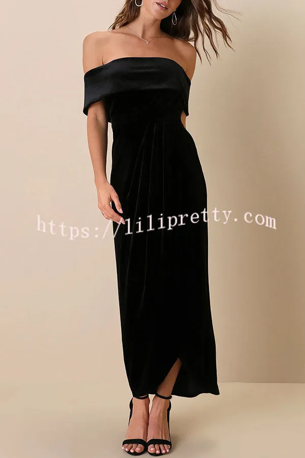Enchanted Black Velvet Off The Shoulder Midi Dress