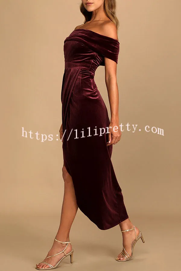 Enchanted Black Velvet Off The Shoulder Midi Dress