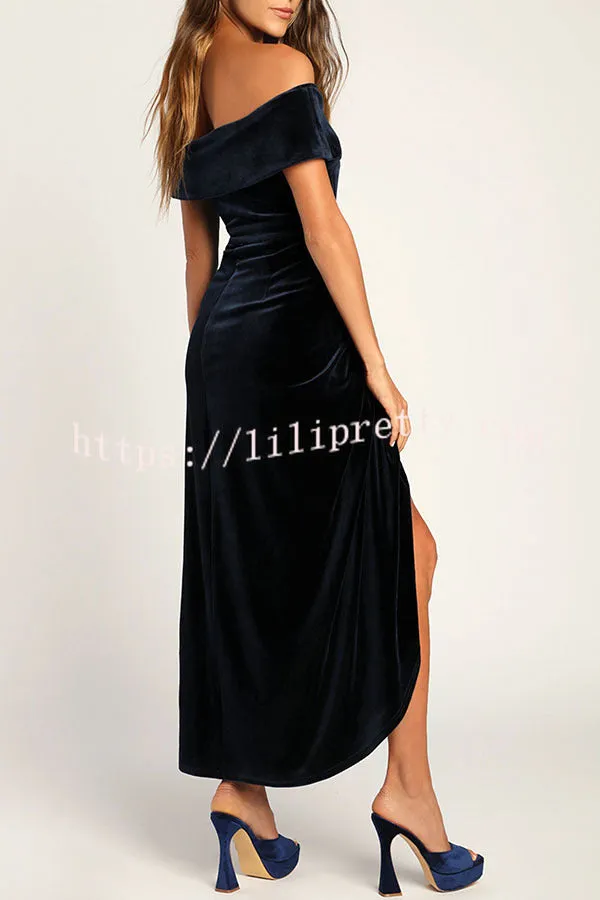 Enchanted Black Velvet Off The Shoulder Midi Dress