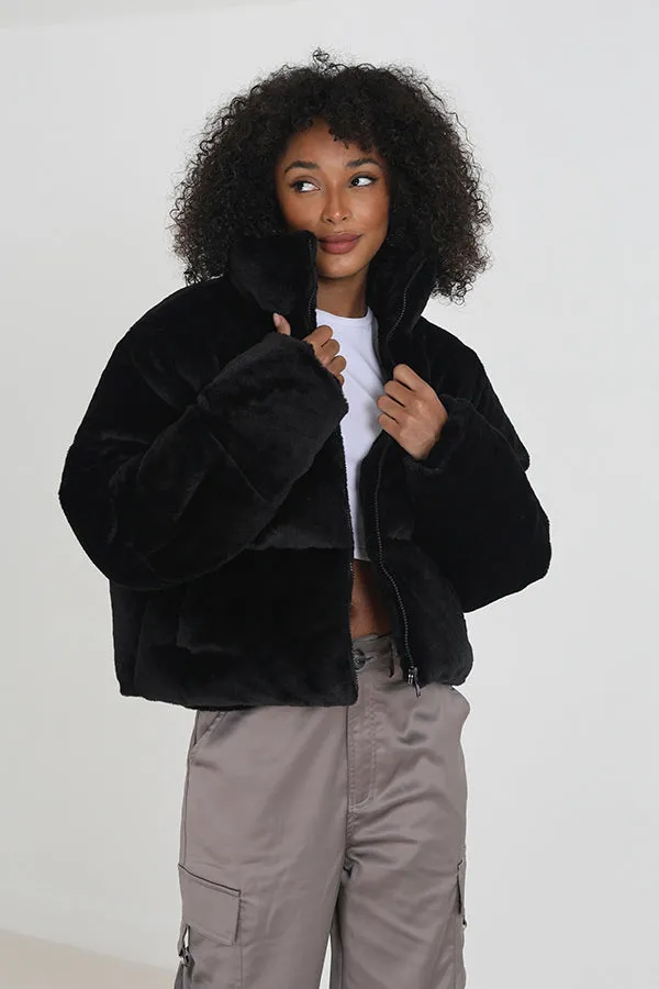 FAUX FUR SHORT PADDED JACKET WITH POCKETS
