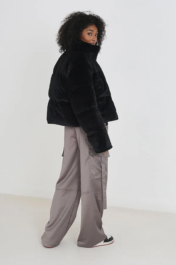 FAUX FUR SHORT PADDED JACKET WITH POCKETS