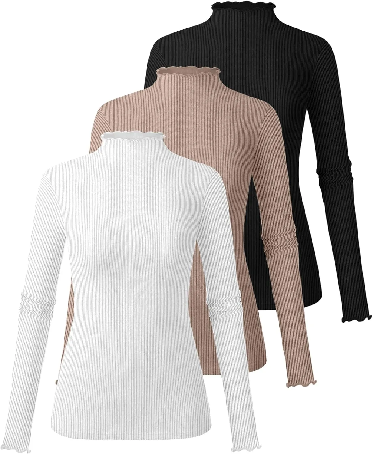 Ficerd 3 Pack Ribbed Mock Turtleneck Tops for Women Long Sleeve Lettuce Trim Shirts Slim Fit Tee Base Layer