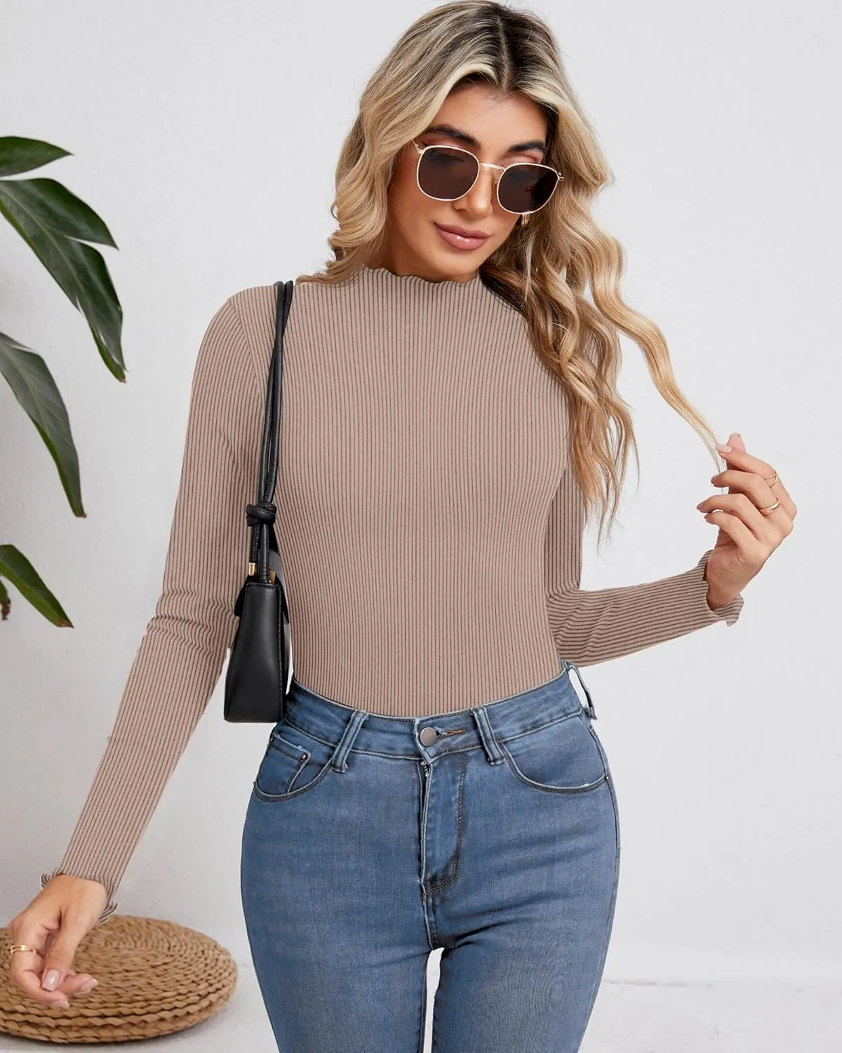 Ficerd 3 Pack Ribbed Mock Turtleneck Tops for Women Long Sleeve Lettuce Trim Shirts Slim Fit Tee Base Layer