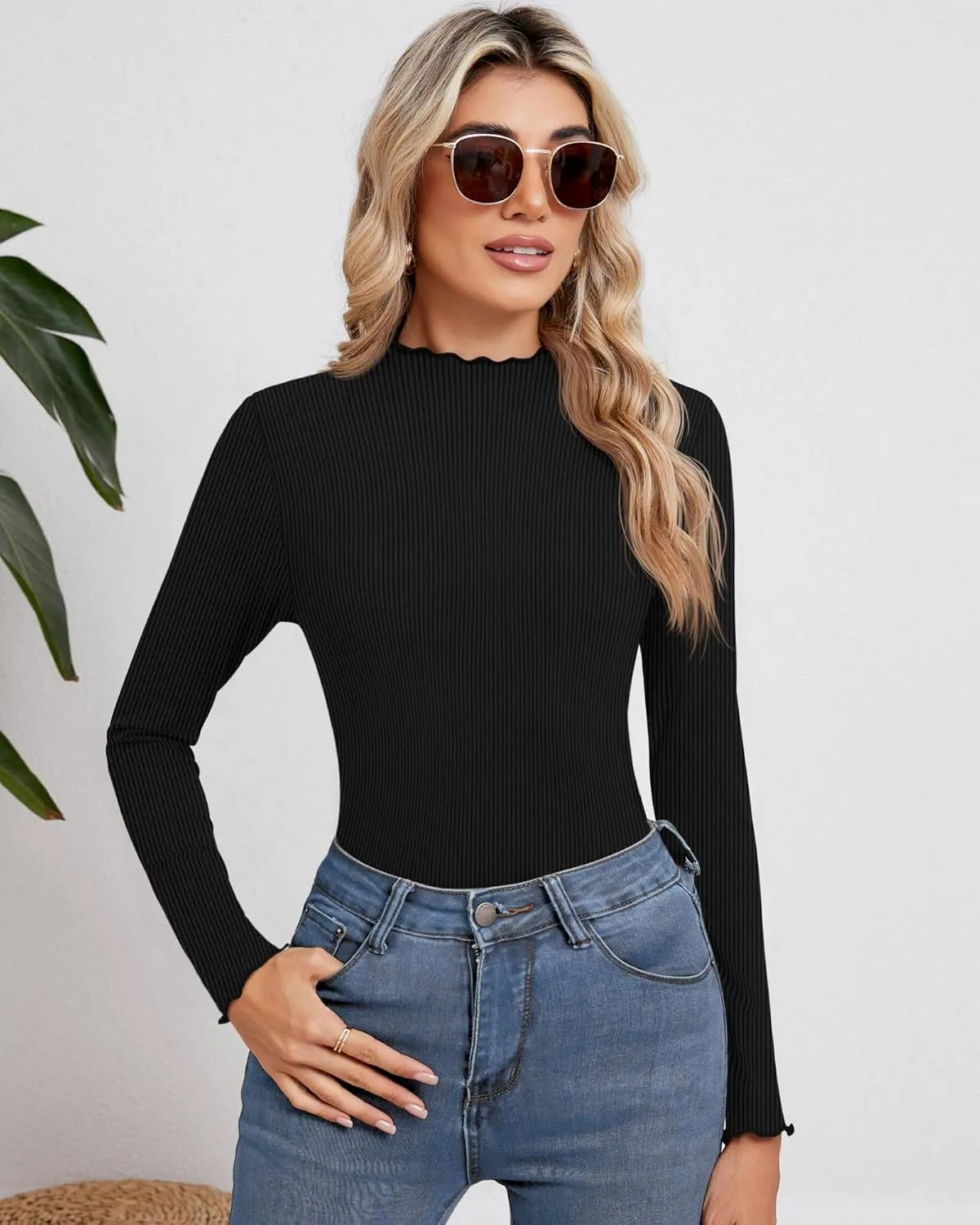 Ficerd 3 Pack Ribbed Mock Turtleneck Tops for Women Long Sleeve Lettuce Trim Shirts Slim Fit Tee Base Layer