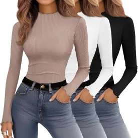 Ficerd 3 Pack Ribbed Mock Turtleneck Tops for Women Long Sleeve Lettuce Trim Shirts Slim Fit Tee Base Layer