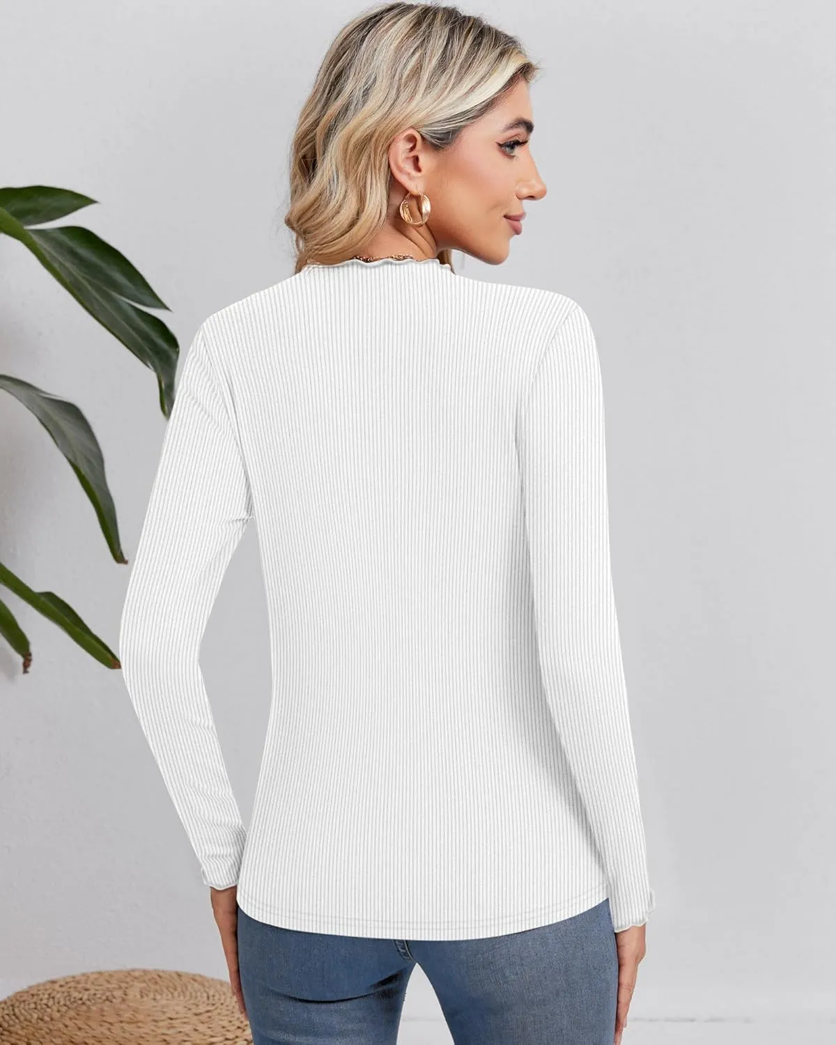 Ficerd 3 Pack Ribbed Mock Turtleneck Tops for Women Long Sleeve Lettuce Trim Shirts Slim Fit Tee Base Layer