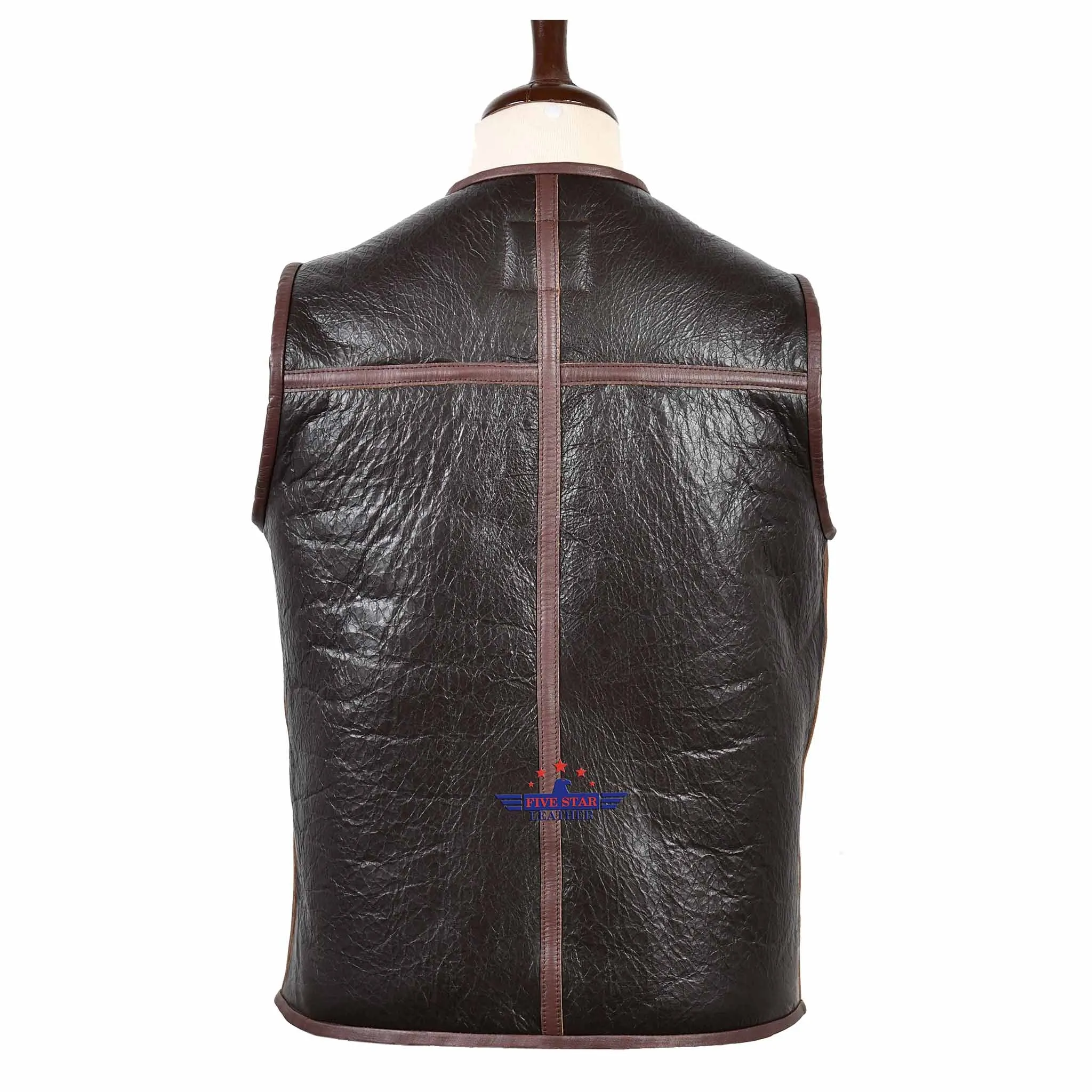 FiveStar Leather Sports Vintage Aviator Biker Vest Seal Brown Shearling