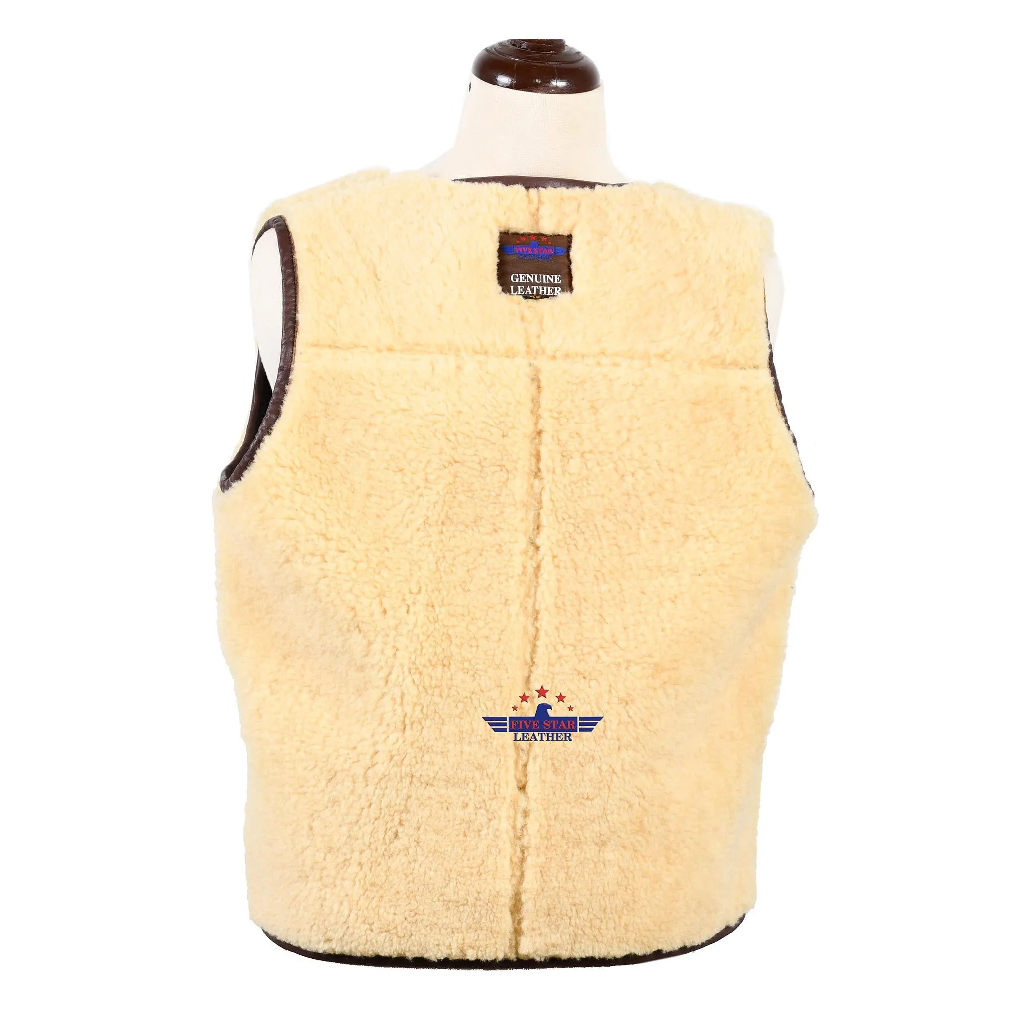 FiveStar Leather Sports Vintage Aviator Biker Vest Seal Brown Shearling
