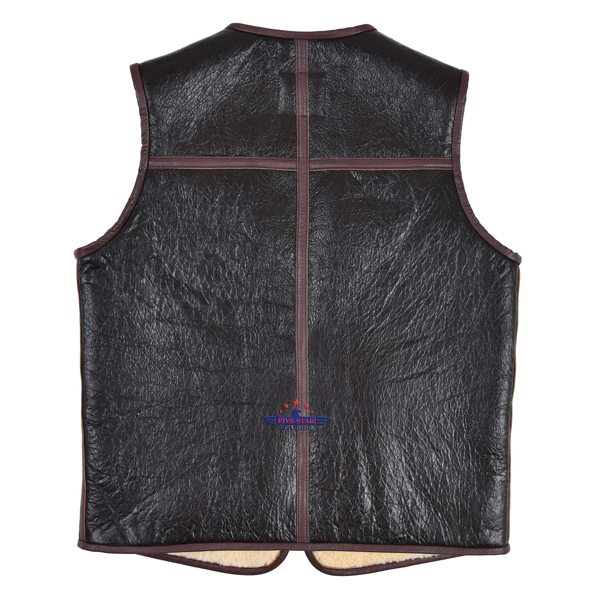 FiveStar Leather Sports Vintage Aviator Biker Vest Seal Brown Shearling