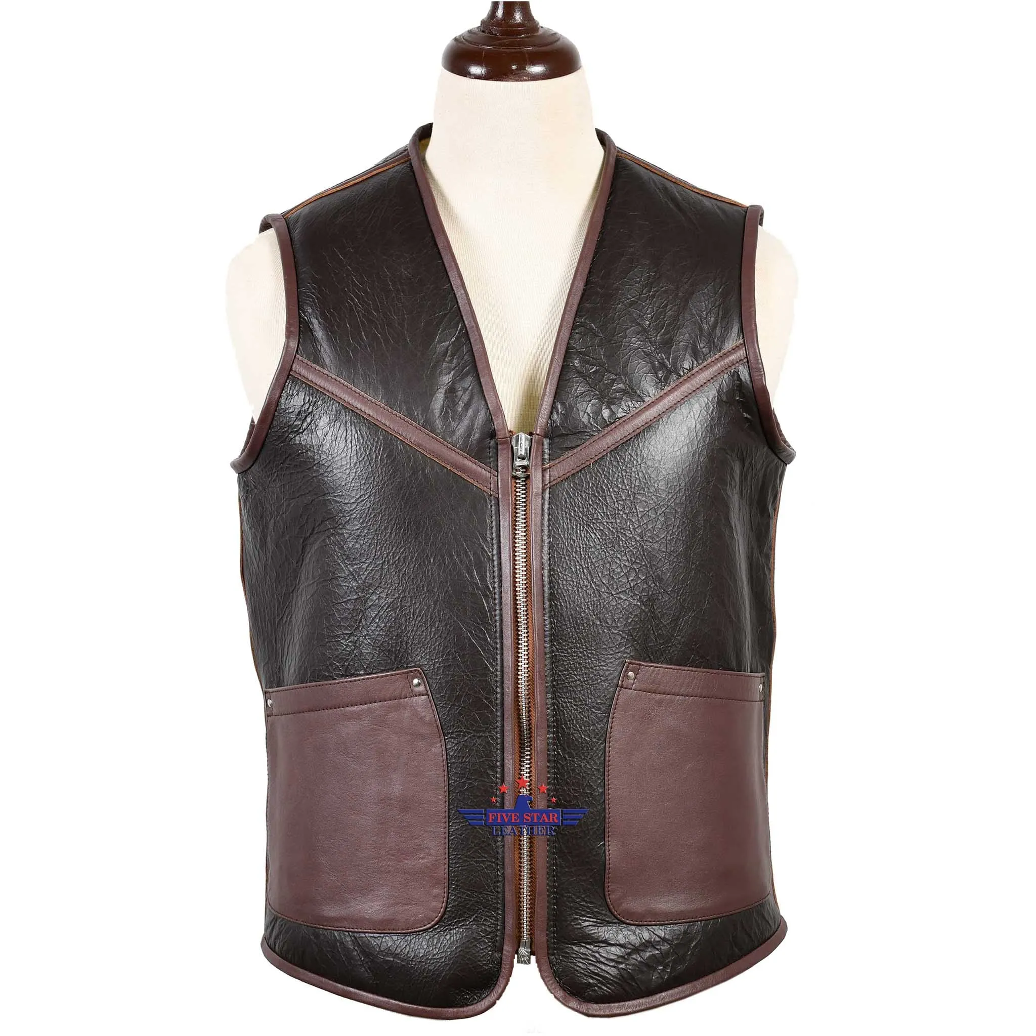 FiveStar Leather Sports Vintage Aviator Biker Vest Seal Brown Shearling