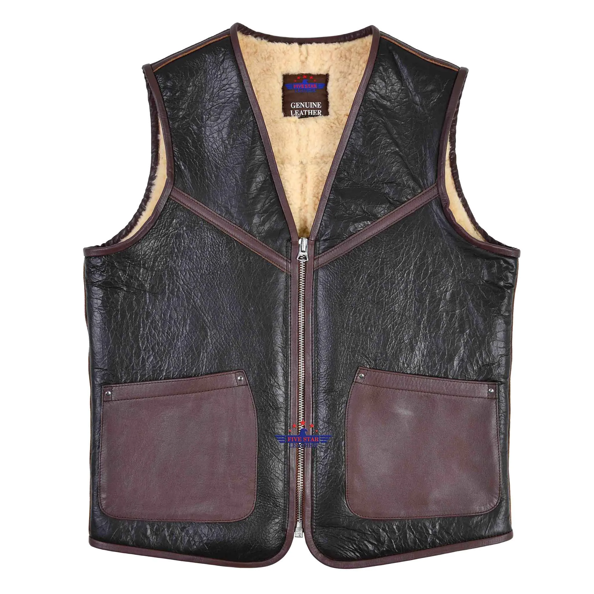 FiveStar Leather Sports Vintage Aviator Biker Vest Seal Brown Shearling