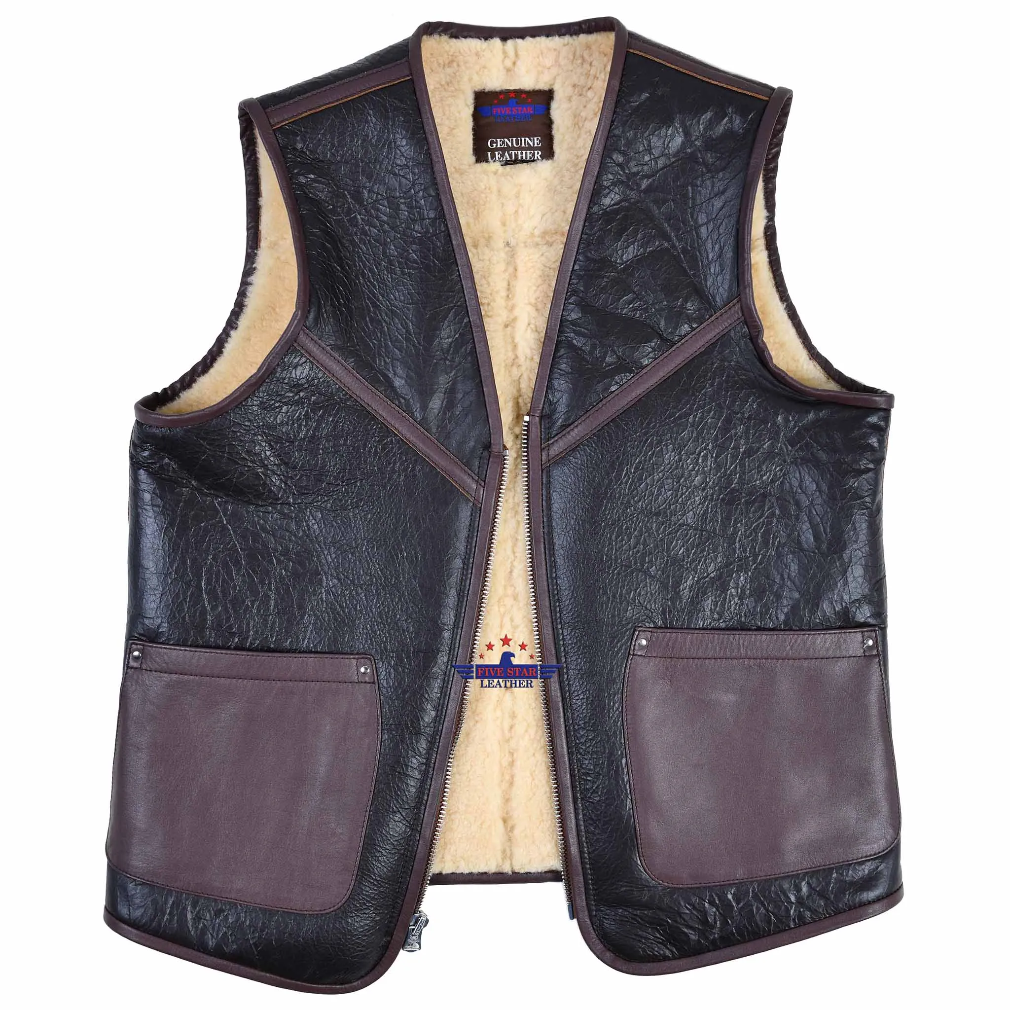 FiveStar Leather Sports Vintage Aviator Biker Vest Seal Brown Shearling